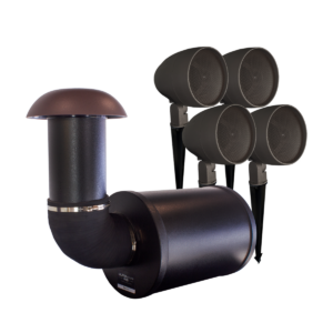 TruAudio UltraScape outdoor audio kit with burial subwoofer and four satellite speakers