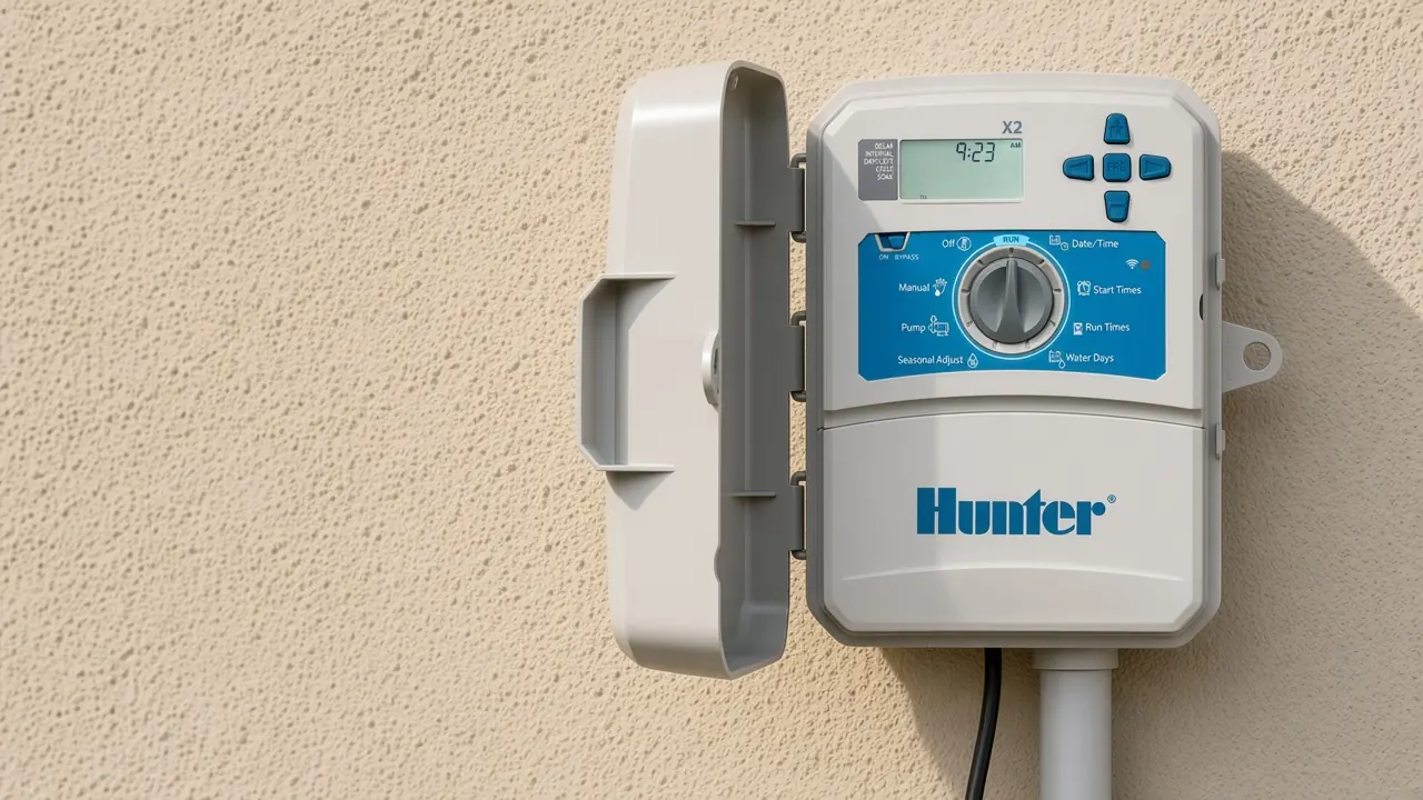 Hunter X2 irrigation controller mounted on an exterior wall