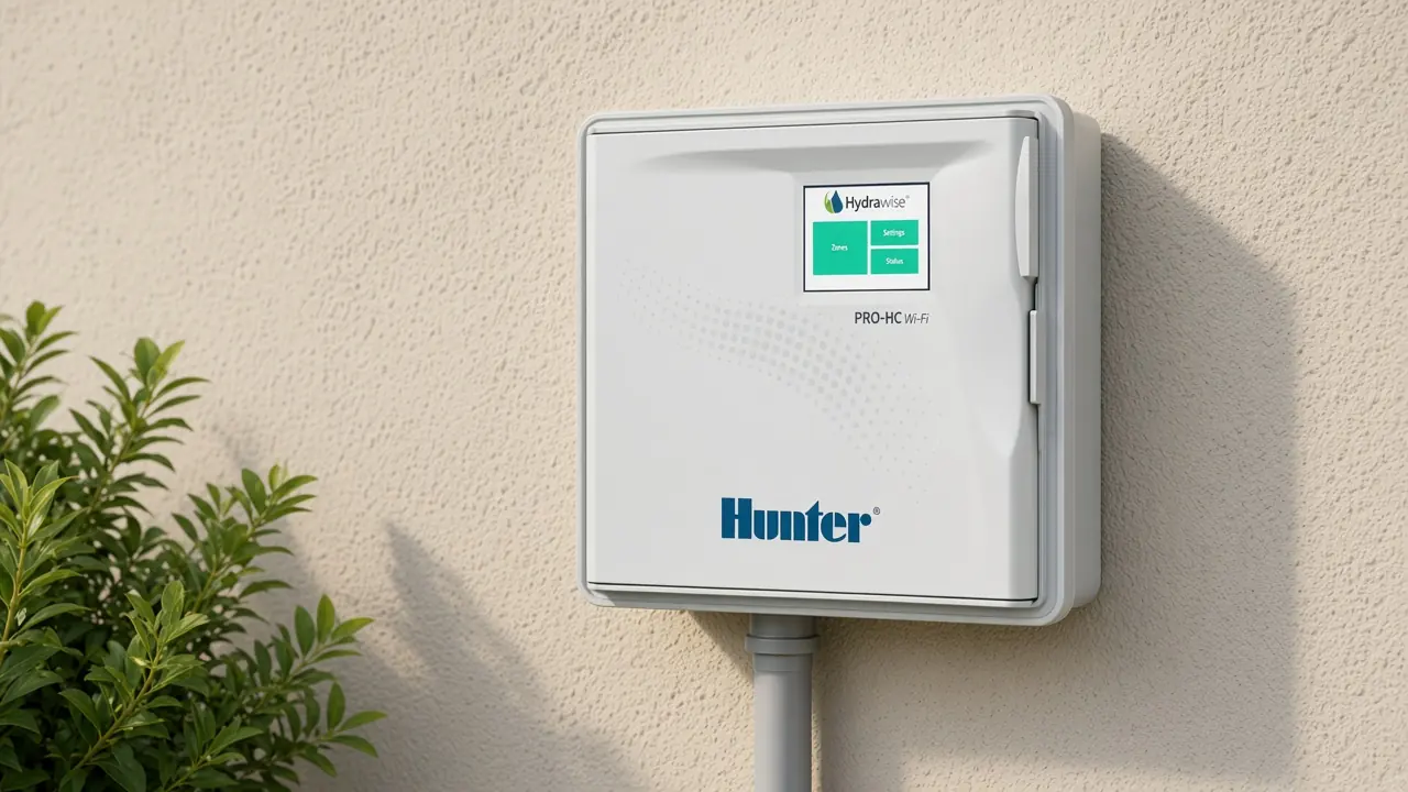 Hunter Pro-HC Hydrawise controller on a stucco wall
