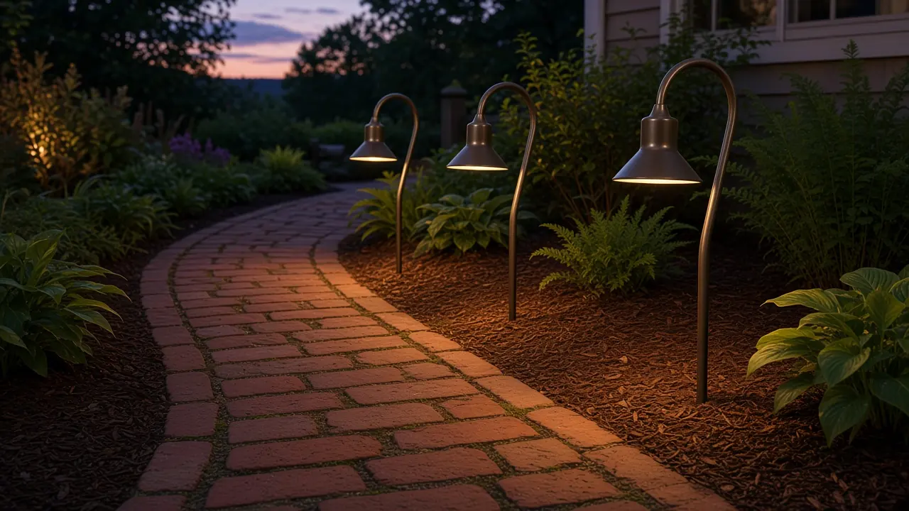 FX Luminaire TD bronze path lights along a brick walk