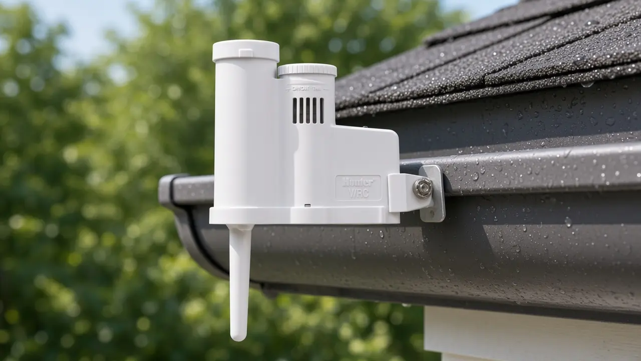 Hunter Wireless Rain-Clik mounted on a gutter