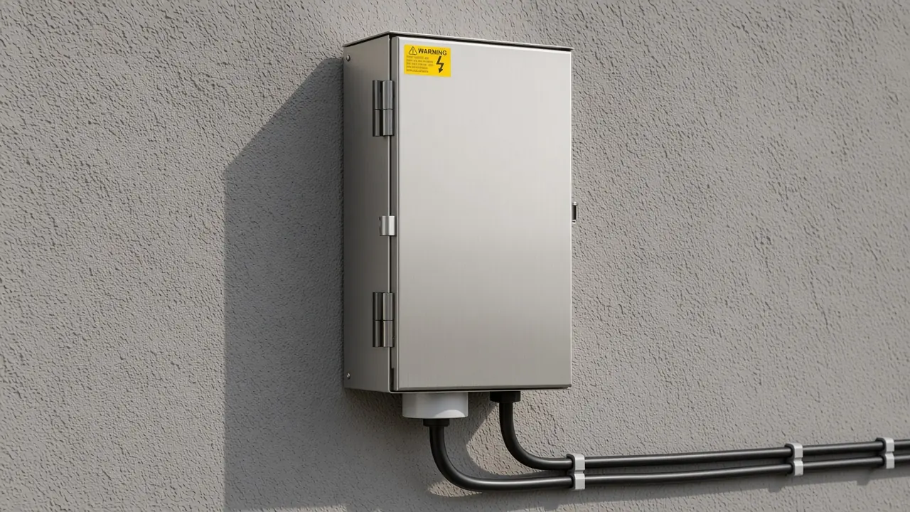 FX Luminaire PX stainless transformer on an exterior wall